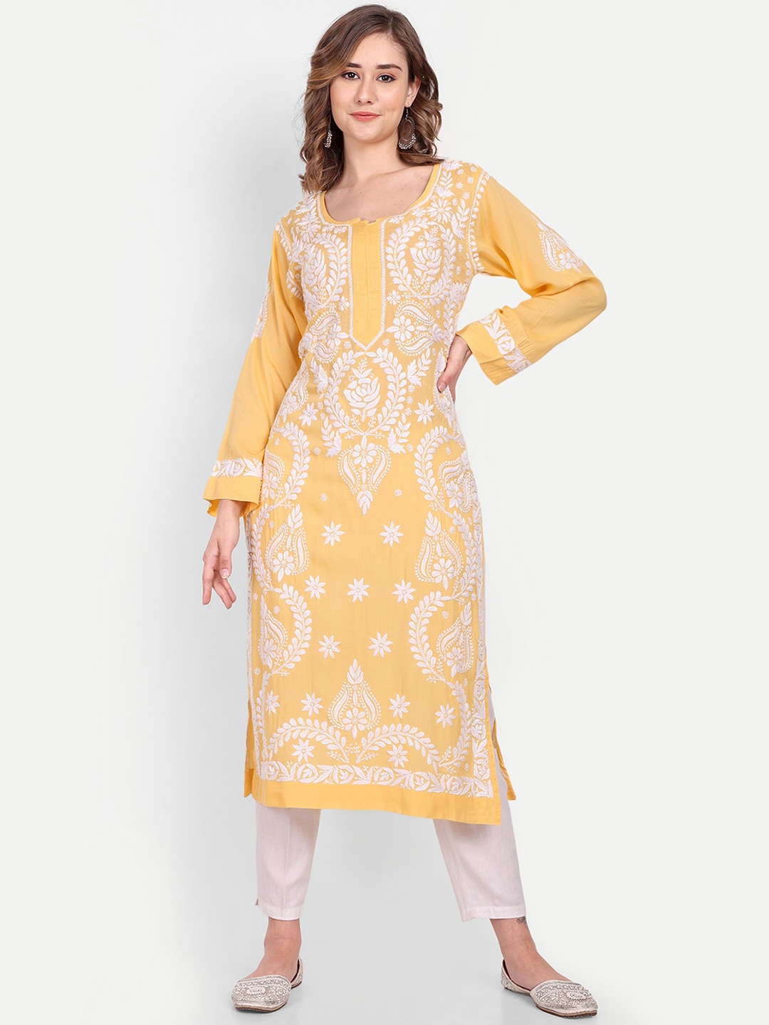 

Indiankala4u Ethnic Motifs Embroidered Chikankari Kurta, Yellow
