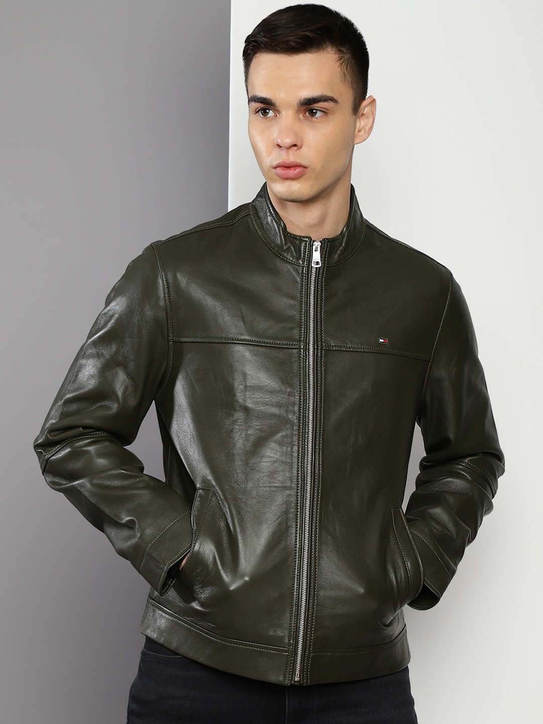 

Tommy Hilfiger Mock Collar Leather Biker Jacket, Green
