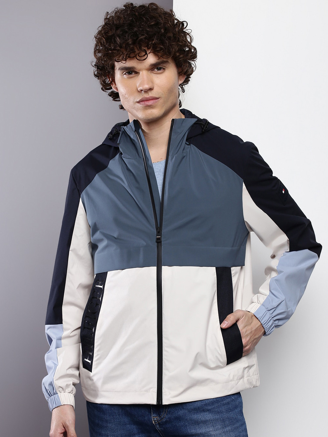 

Tommy Hilfiger Colourblocked Hooded Bomber Jacket, Navy blue