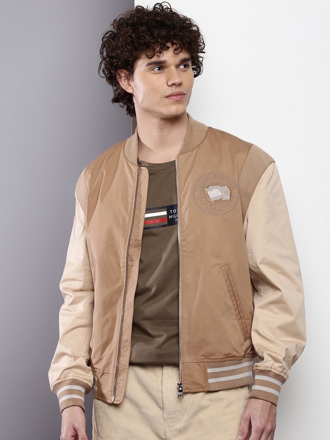 

Tommy Hilfiger Mandarin Collar Pure Cotton Bomber Jacket, Beige