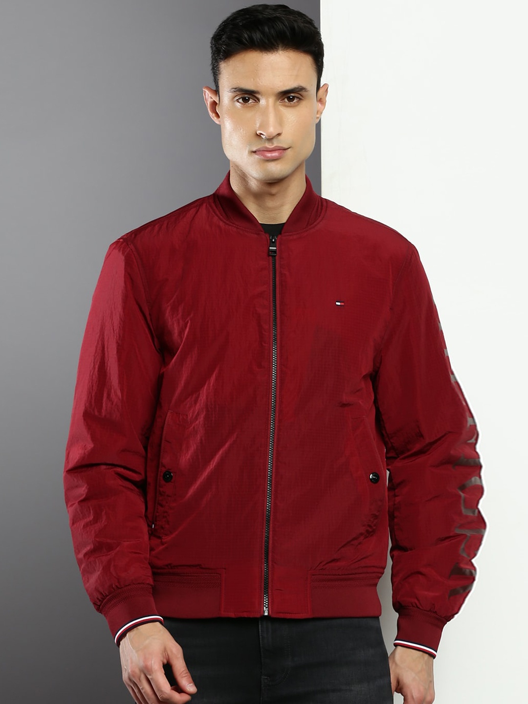 

Tommy Hilfiger Mandarin Collar Bomber Jacket, Red