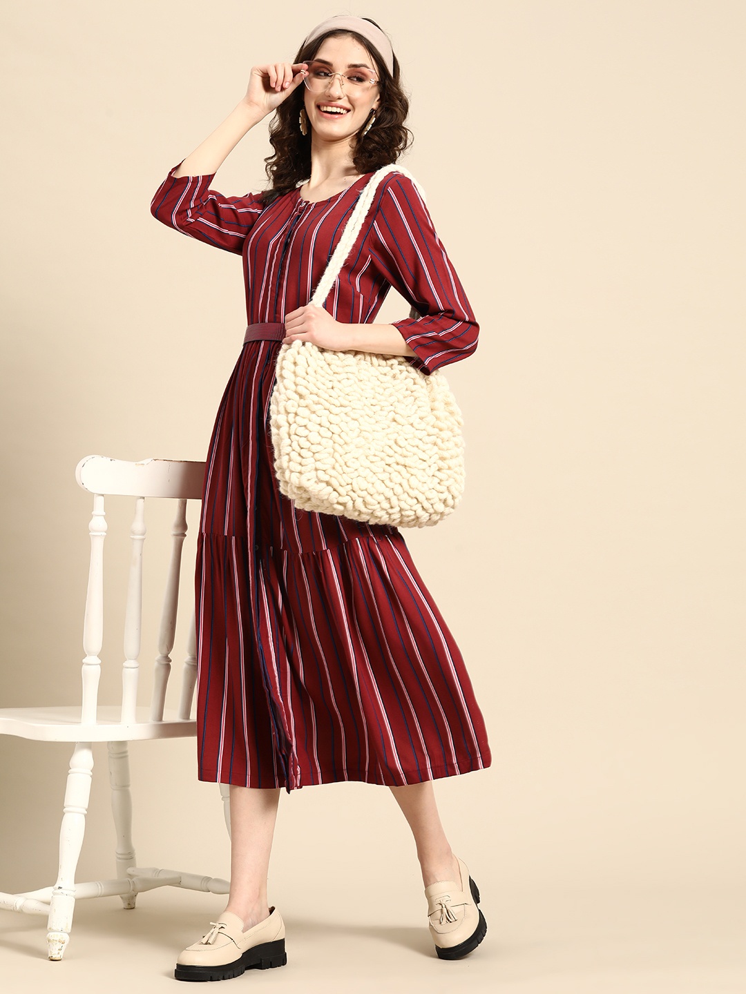 

Sangria Striped A-Line Midi Dress, Brown