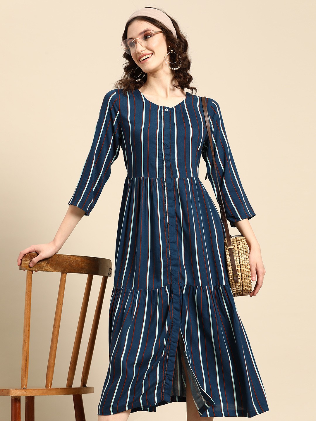 

Sangria Striped A-Line Midi Dress, Navy blue