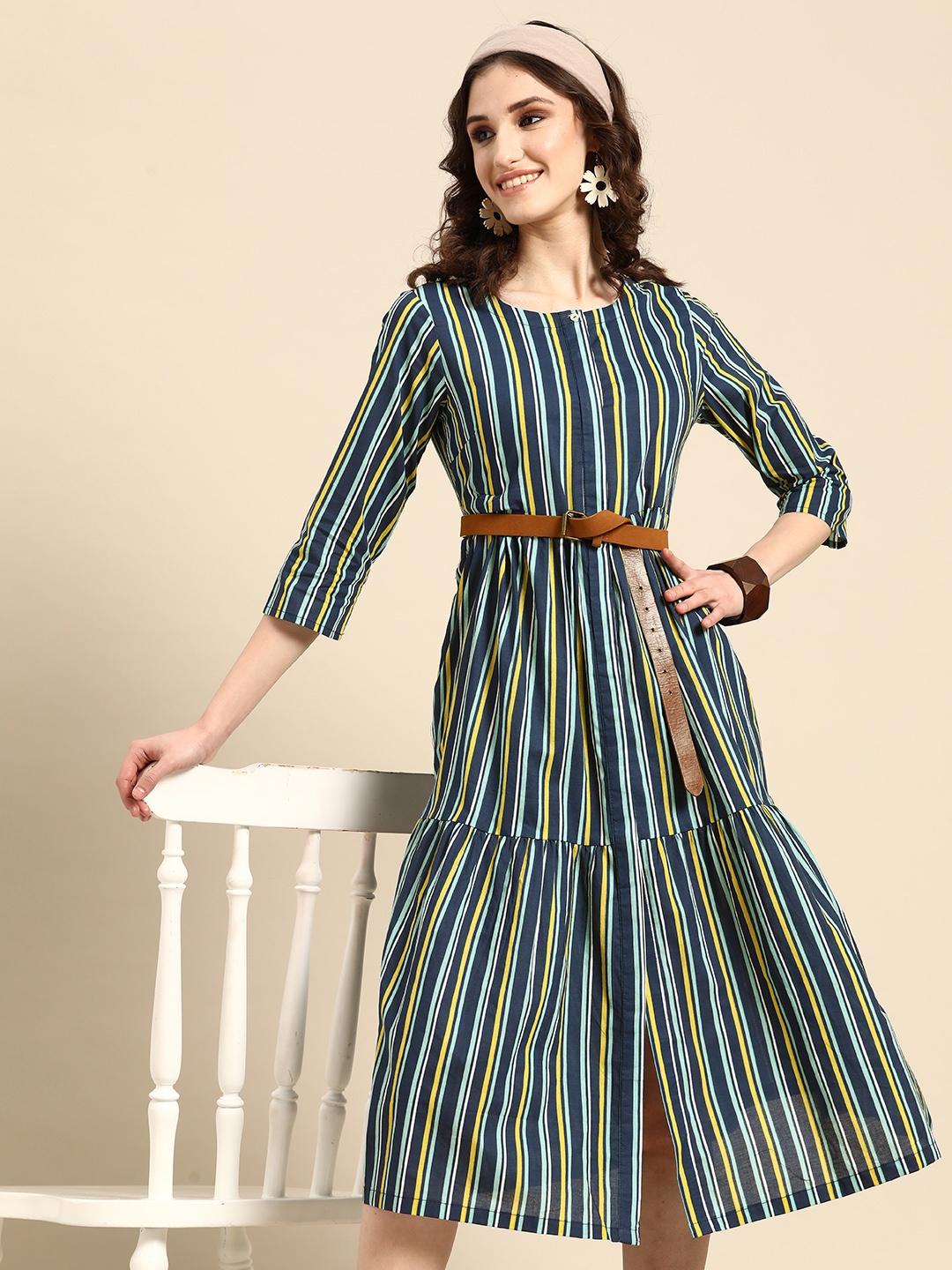 

Sangria Striped A-Line Midi Dress, Green
