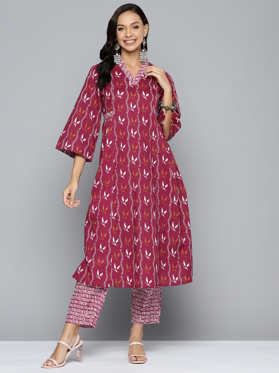 

HERE&NOW Floral Printed Regular Pure Cotton Kurta With Trousers, Burgundy