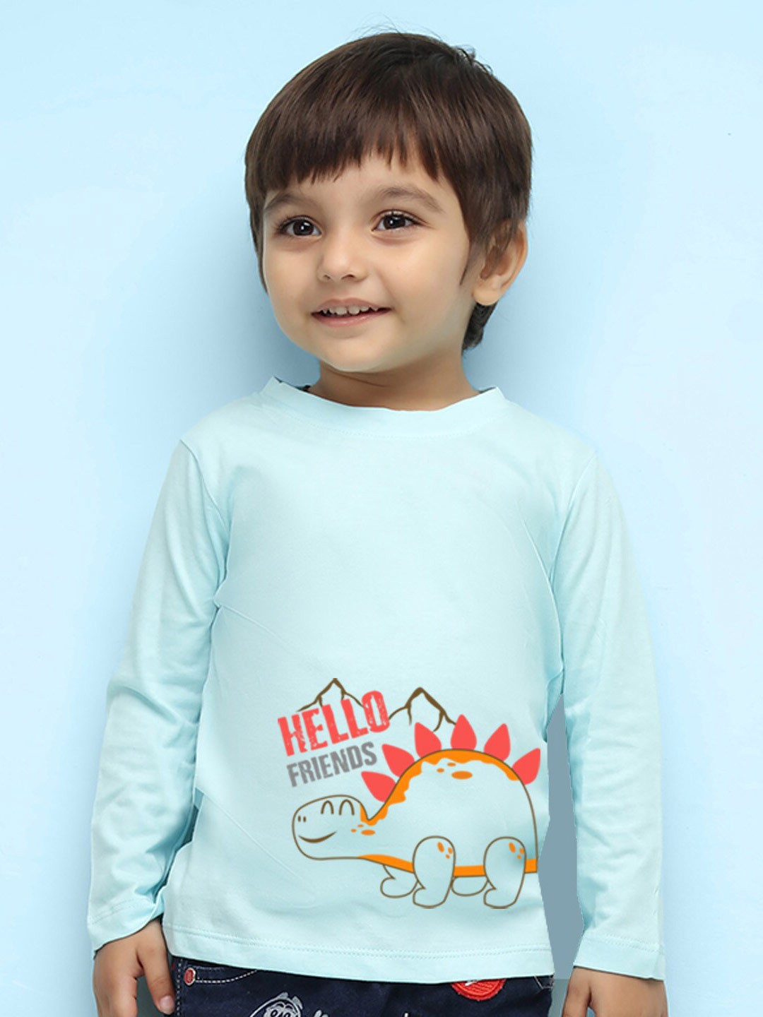 

NUSYL Kids Blue Printed High Neck Drop-Shoulder Sleeves Pure Cotton Applique Outdoor T-shirt