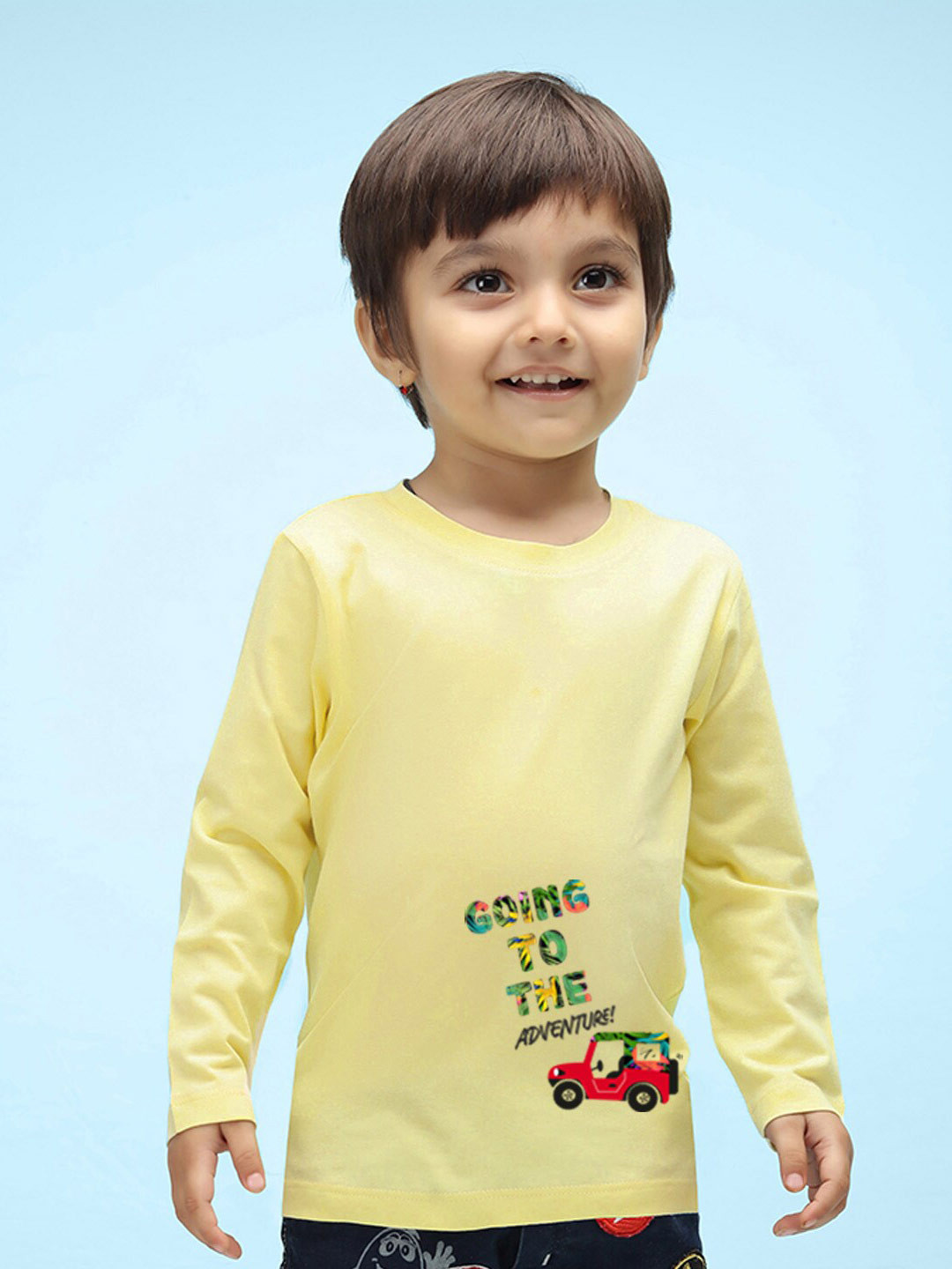 

NUSYL Kids Yellow Typography Printed V-Neck Pure Cotton Applique Outdoor T-shirt