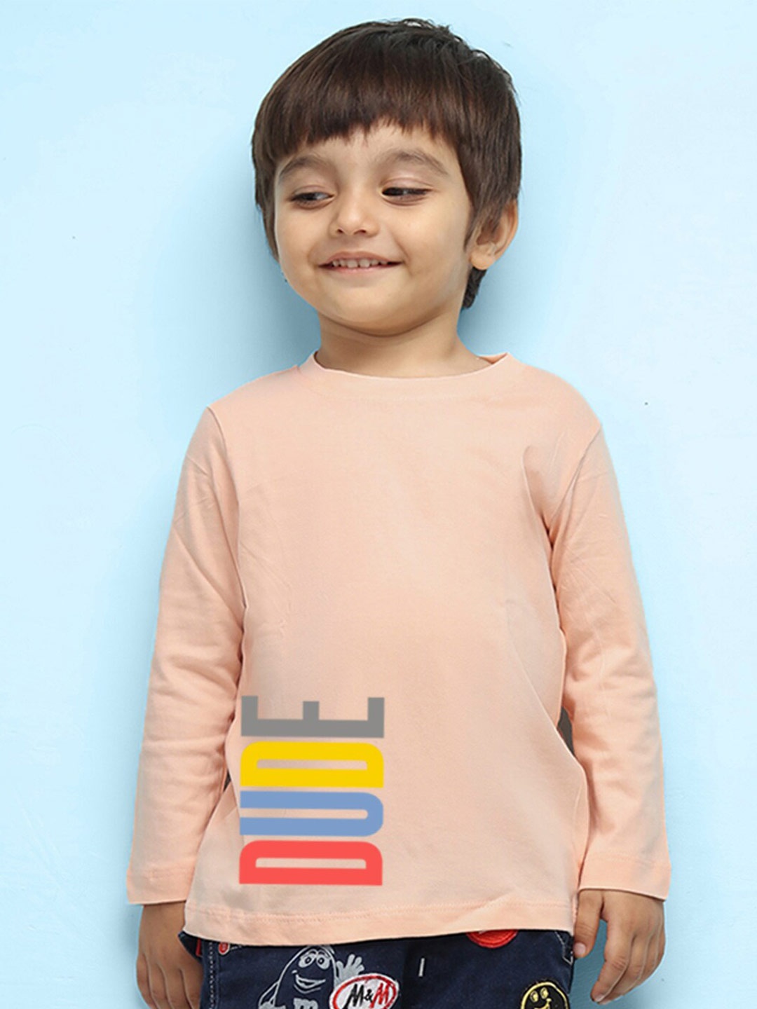 

NUSYL Kids Peach-Coloured High Neck Extended Sleeves Pure Cotton Outdoor T-shirt