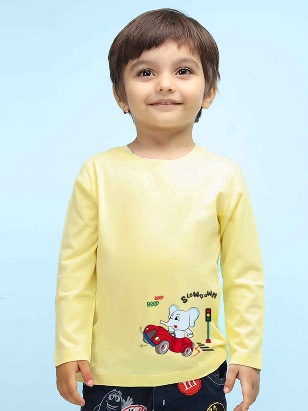 

NUSYL Kids Yellow Tribal High Neck Pure Cotton Applique Outdoor T-shirt
