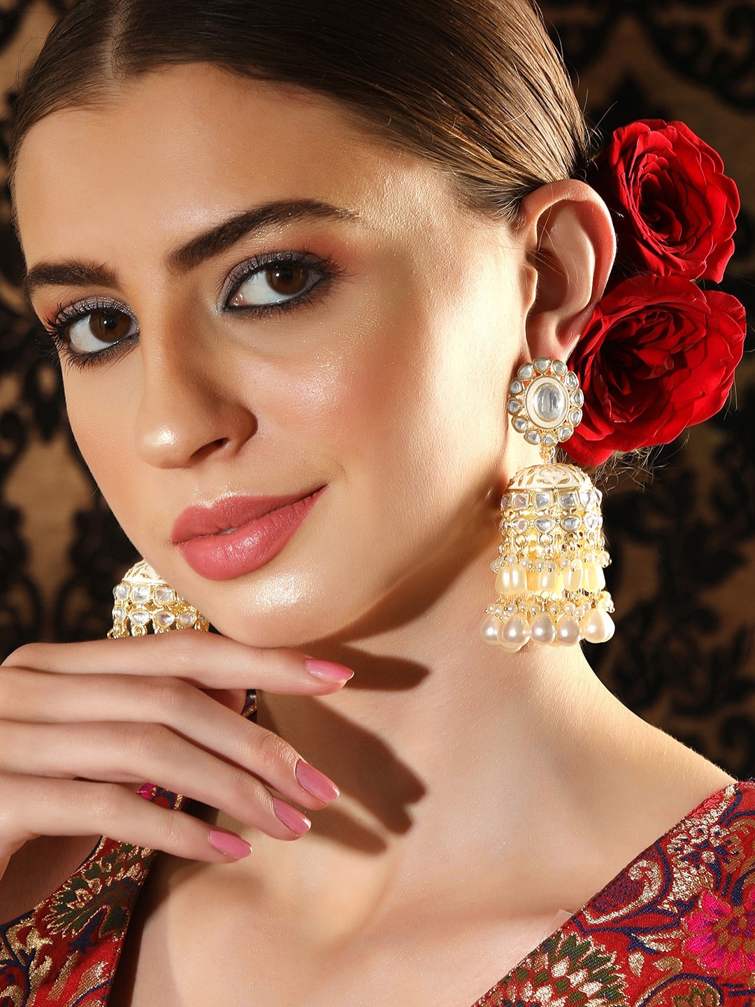 

Rubans Gold-Plated Kundan Studded & Beaded Geometric Jhumkas Earrings, White