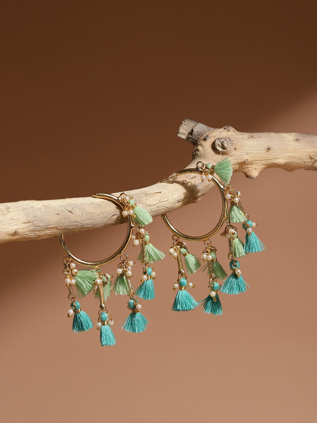

Fabindia Gold-Plated Circular Stone Studded Tasselled Hoop Earrings, Blue
