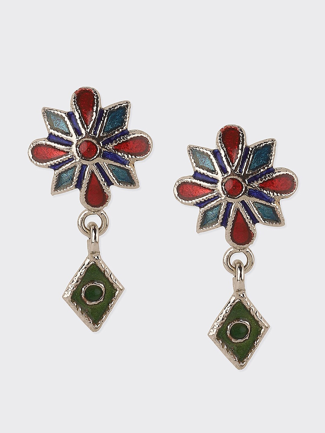 

Fabindia Silver-Plated Floral Enamelled Drop Earrings, Red