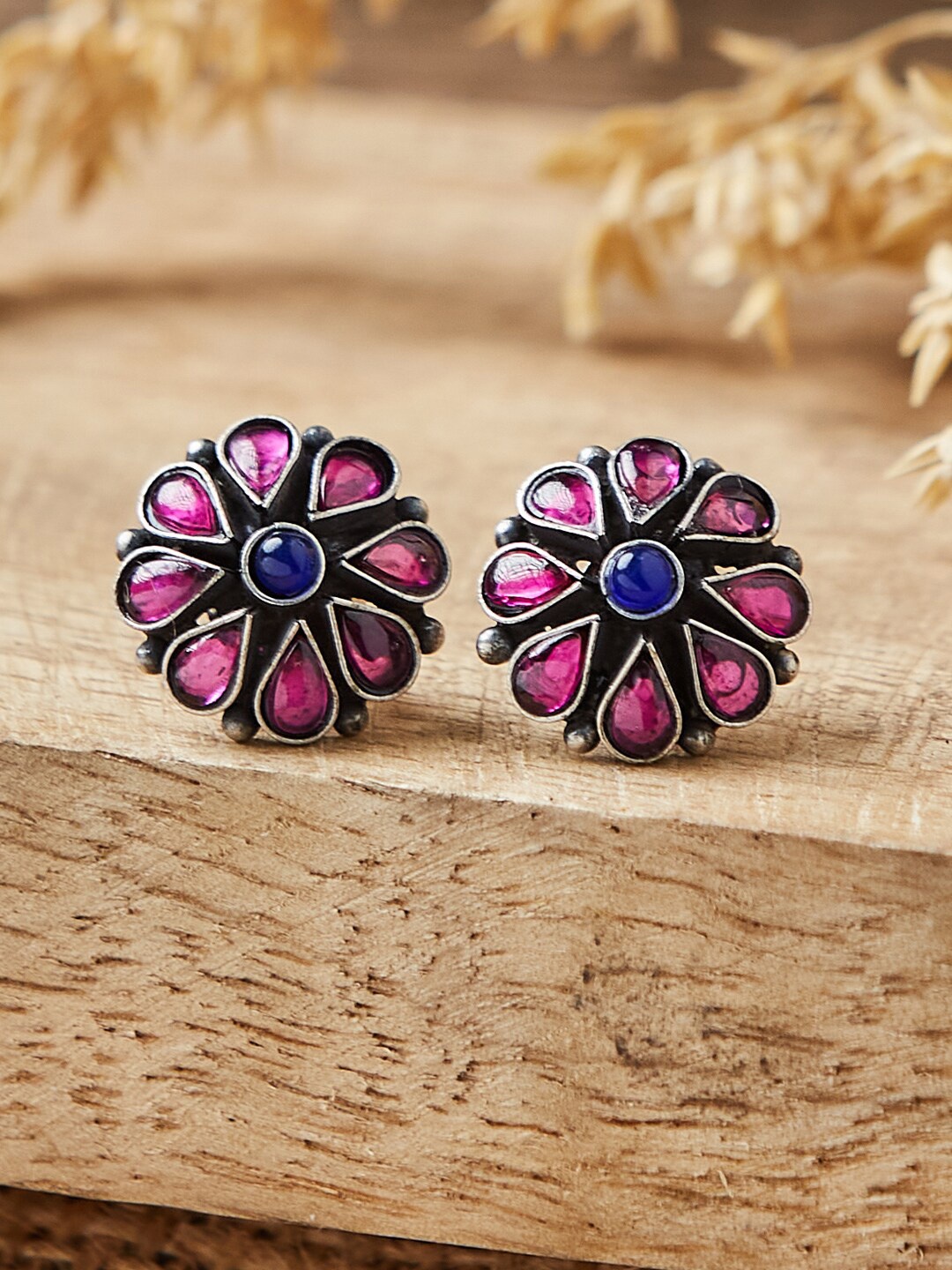 

Fabindia Silver-Plated Floral Stone-Studded Studs Earrings, Pink