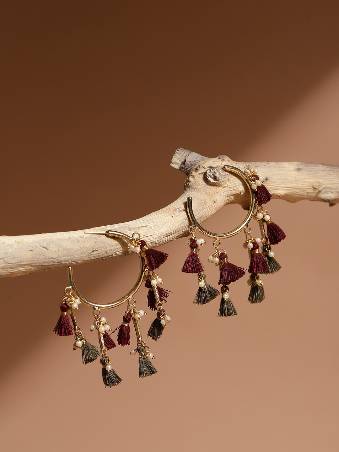 

Fabindia Gold Plated Circular Tasselled Hoop Earrings, Maroon
