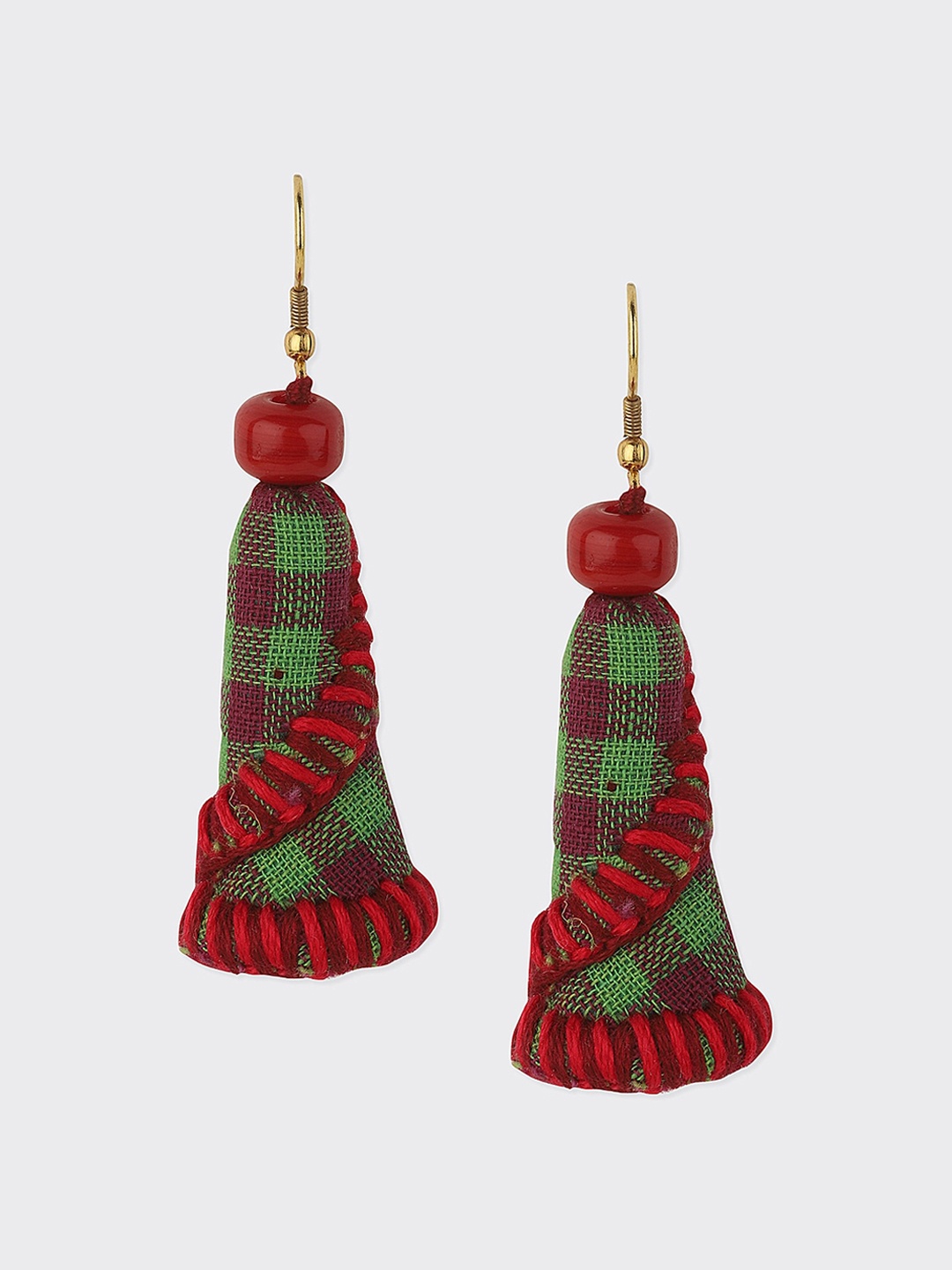 

Fabindia Gold Plated Checked Contemporary Stone Beaded Thread Drop Earrings, Red