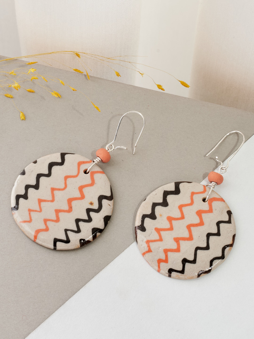 

Fabindia Printed Circular Drop Earrings, White
