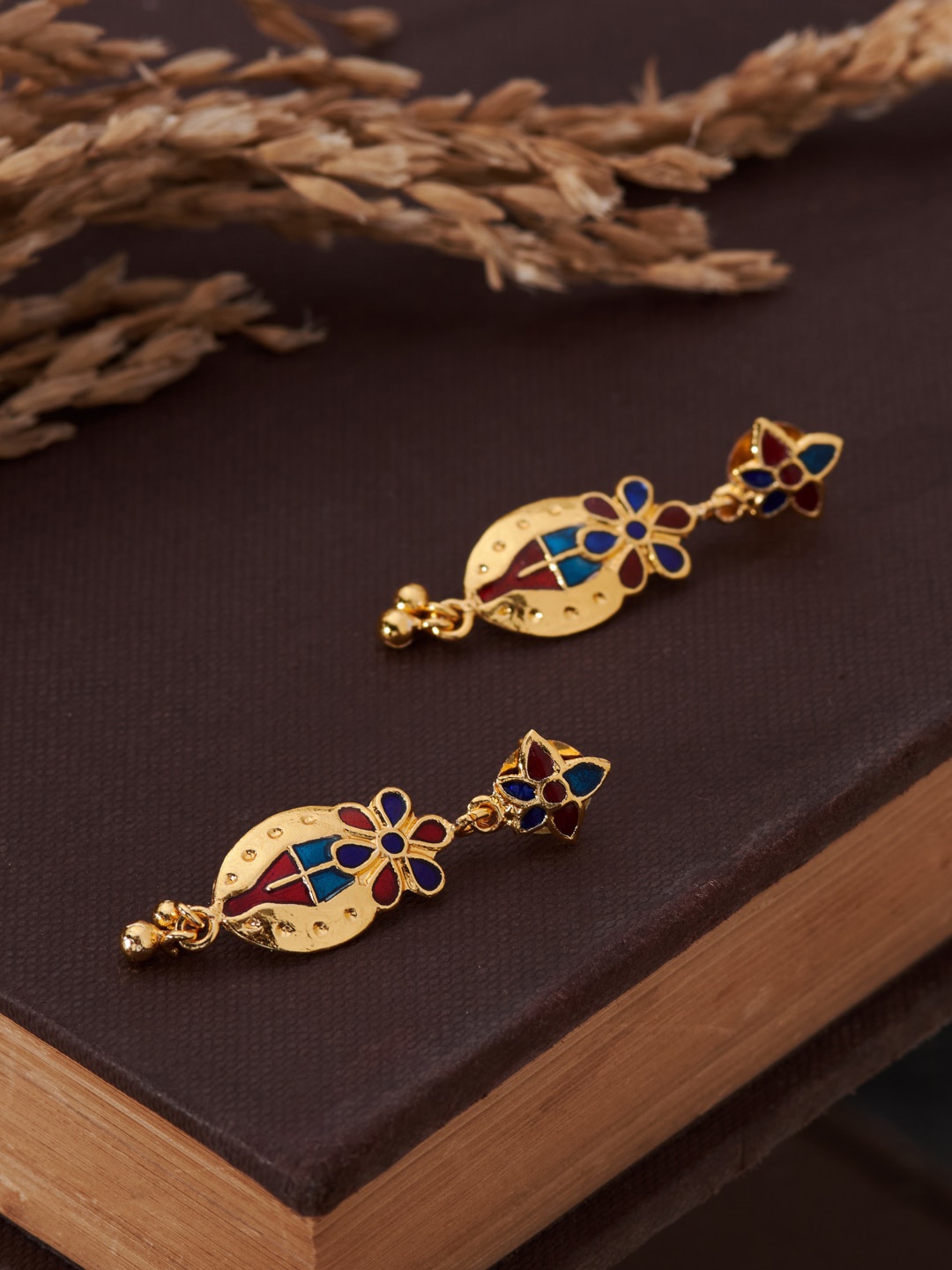 

Fabindia Gold-Plated Meenakari Contemporary Drop Earrings, Red