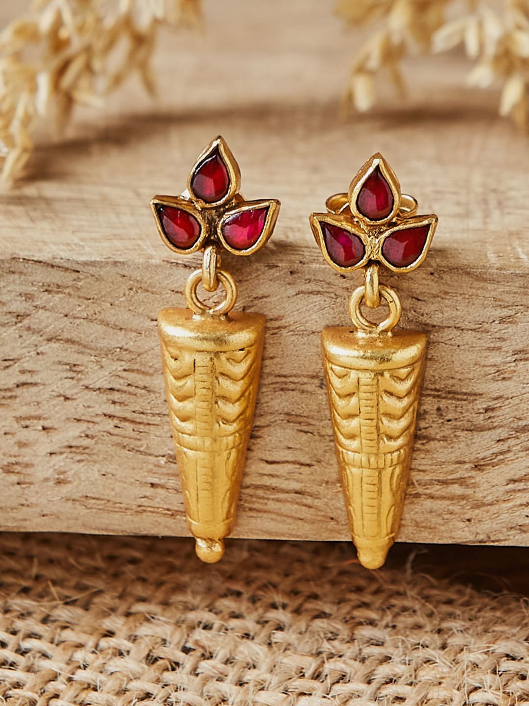 

Fabindia Gold-Plated Stone-Studded Contemporary Drop Earrings, Maroon