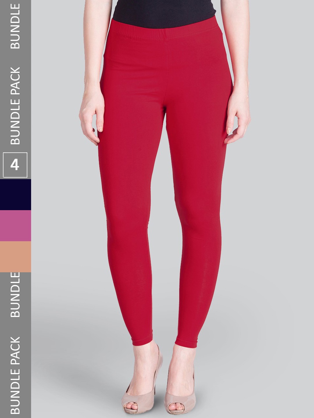 

LYRA Premium Pack Of 4 Sculpting Seams Mid Rise Cotton Ankle-Length Leggings, Red