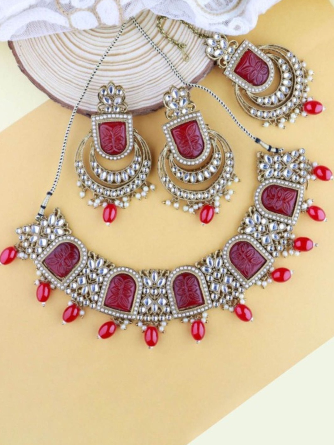

I Jewels Gold-Plated Kundan Stones Studded & Pearls Beaded Jewellery Set