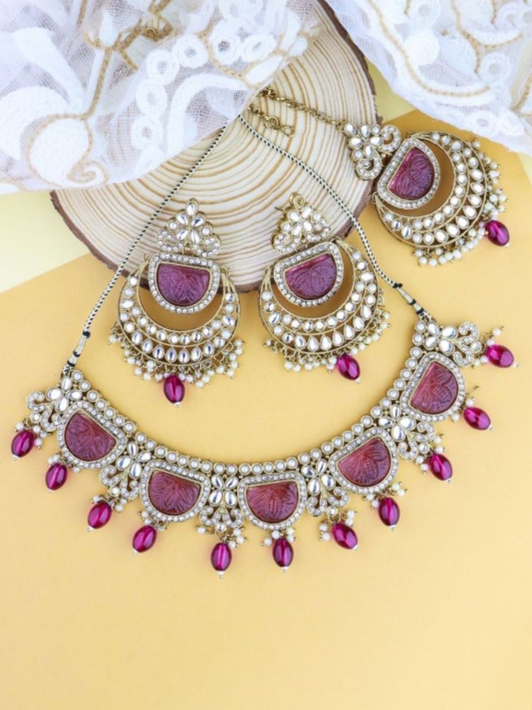 

I Jewels Gold-Plated Kundan-Studded & Artificial Beads Jewellery Set