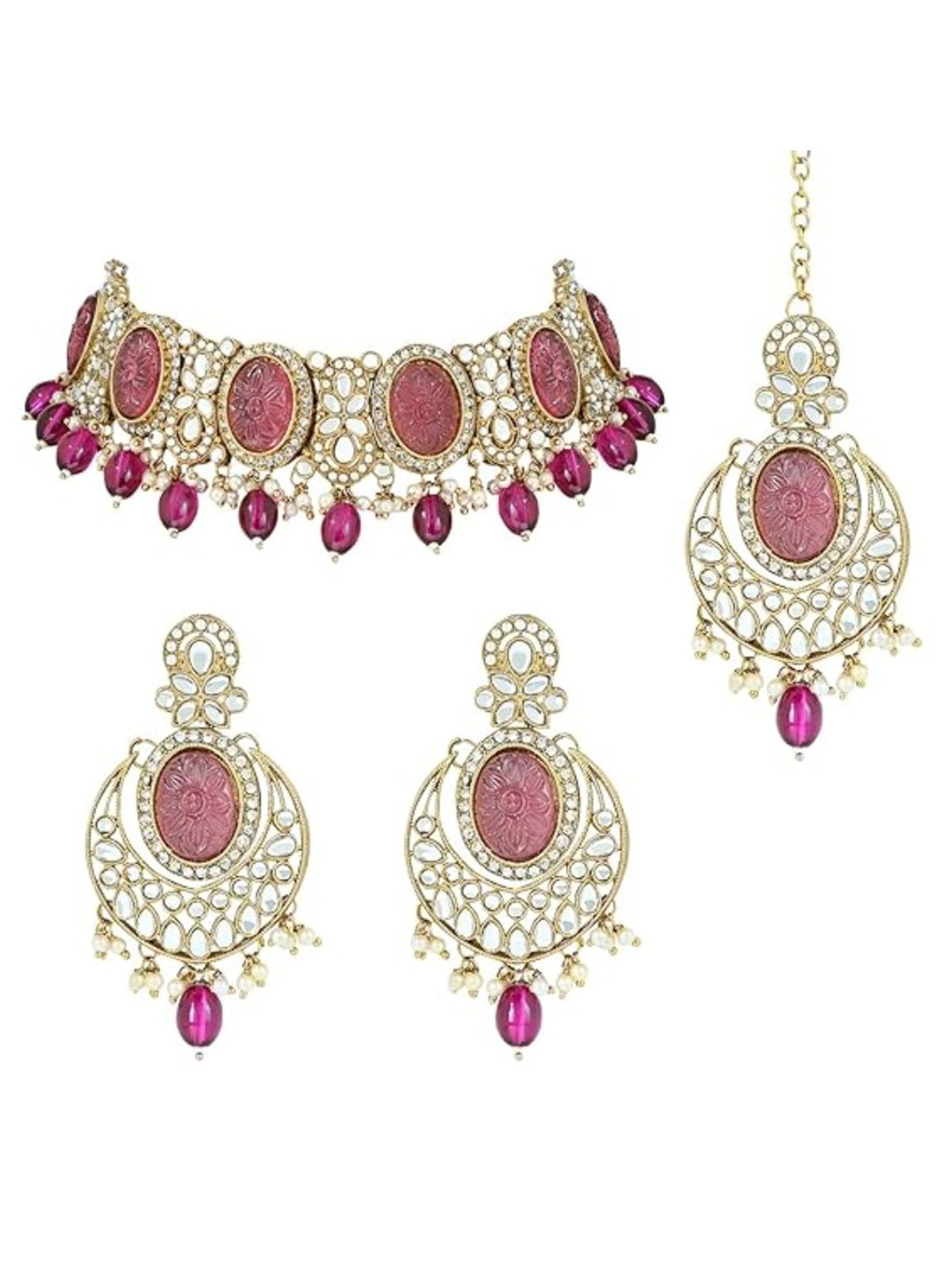 

I Jewels Gold-Plated Kundan-Studded & Artificial Beads Jewellery Set