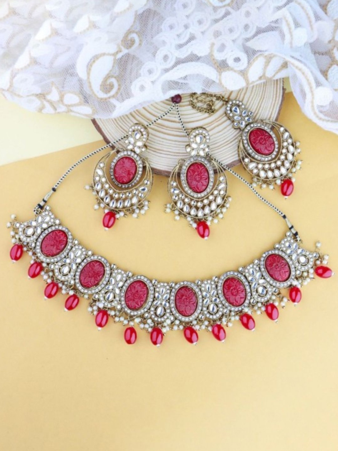 

I Jewels Gold-Plated Kundan-Studded & Artificial Beads Jewellery Set
