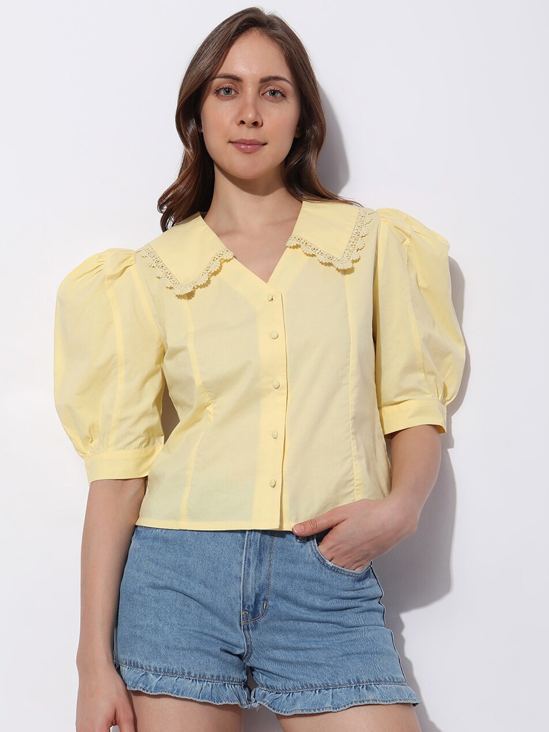

Vero Moda Yellow Mandarin Collar Net Top