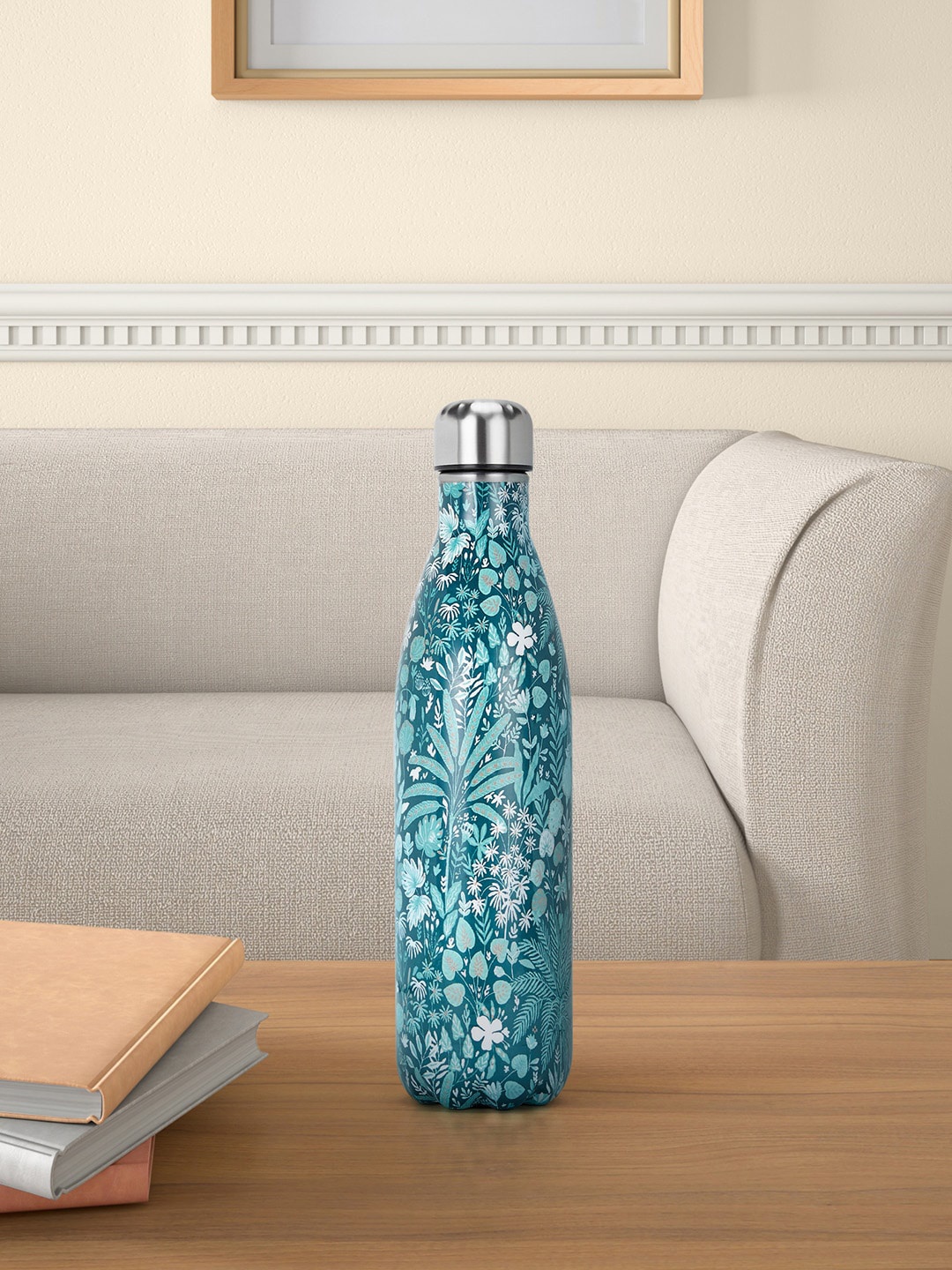 

Living scapes by Pantaloons Teal Blue & White Floral Print Single Wall Vacuum Water Bottle