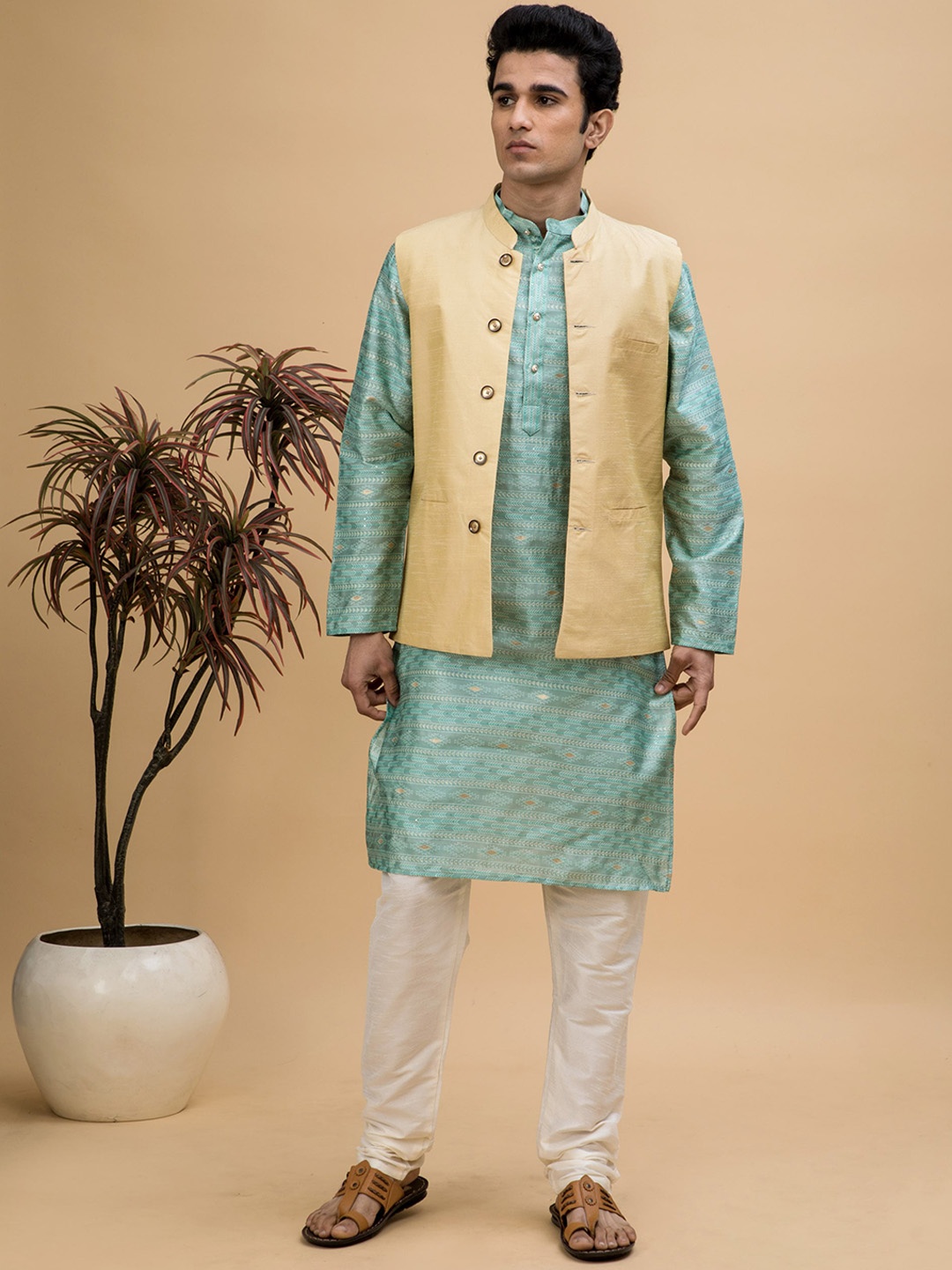 

NEUDIS Ethnic Motifs Woven Design Straight Dupion Silk Kurta with Churidar & Nehru Jacket, Sea green