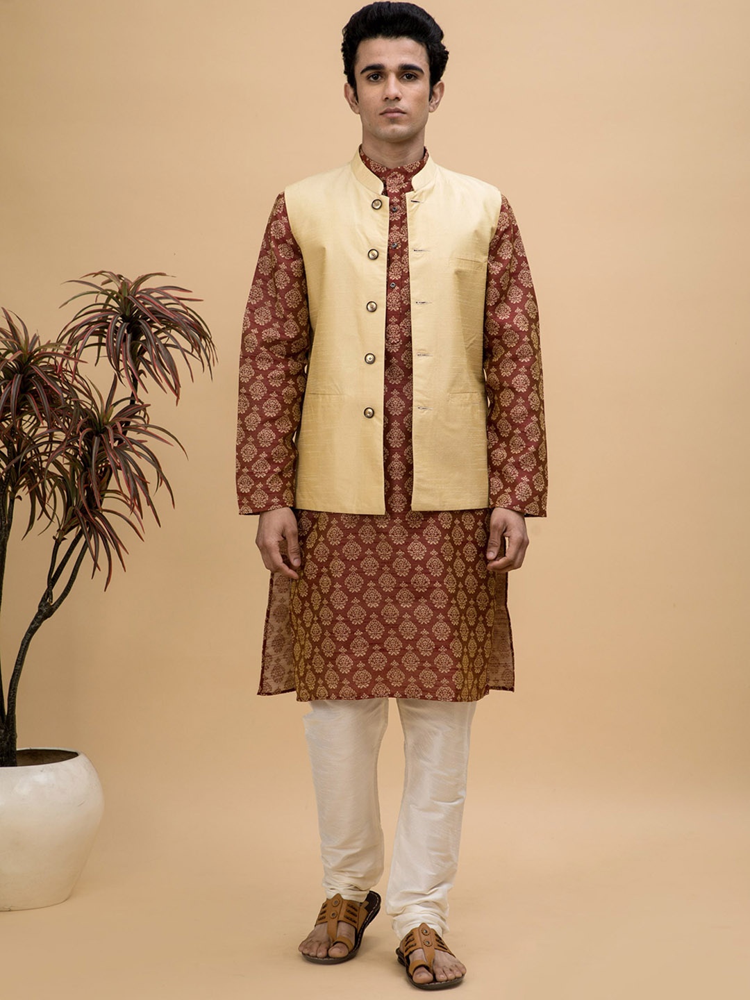 

NEUDIS Ethnic Motifs Woven Design Dupion Silk Kurta With Churidar & Nehru Jacket, Maroon
