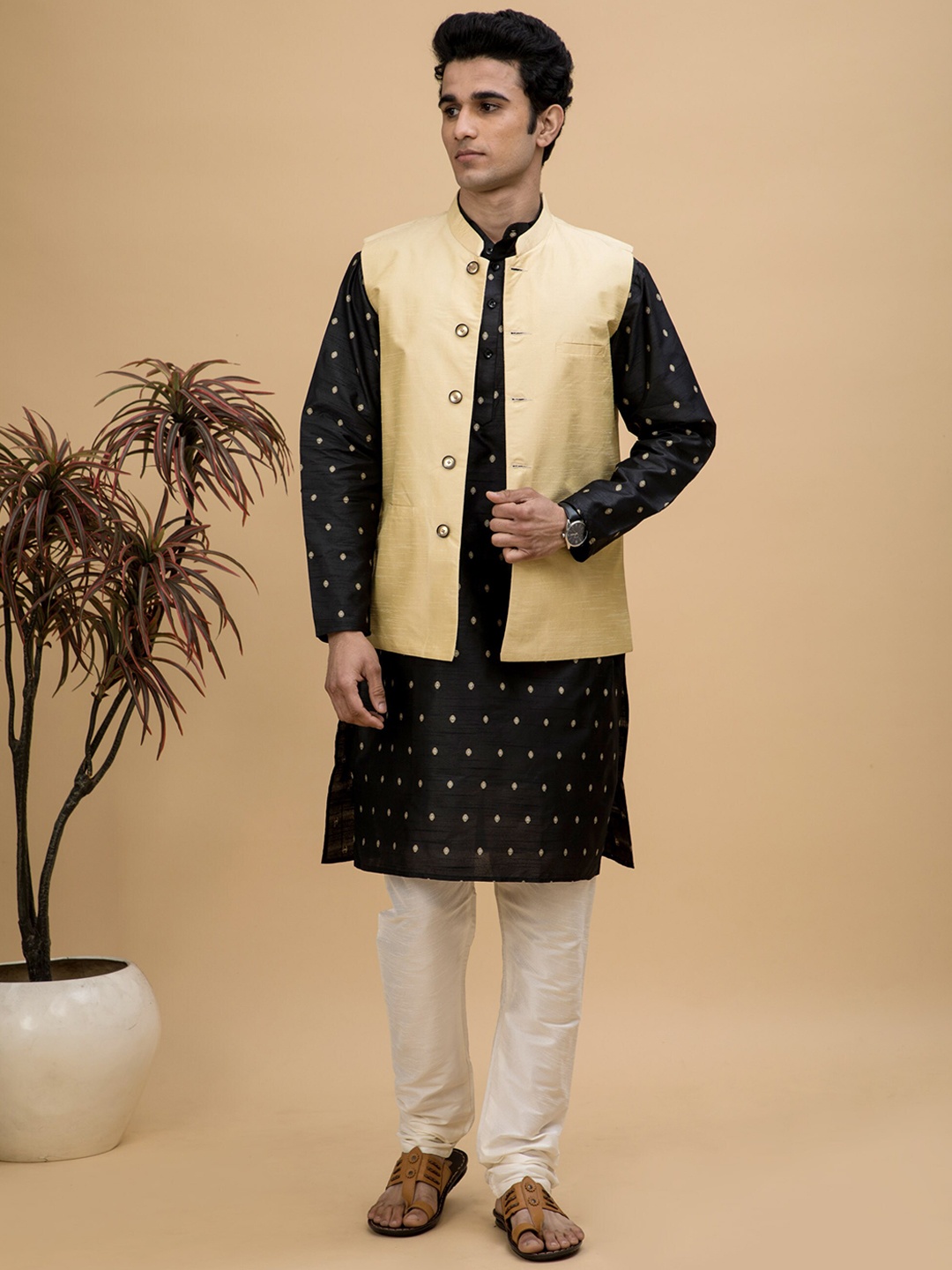 

NEUDIS Ethnic Motifs Woven Design Dupion Silk Straight Kurta with Churidar & Nehru Jacket, Black