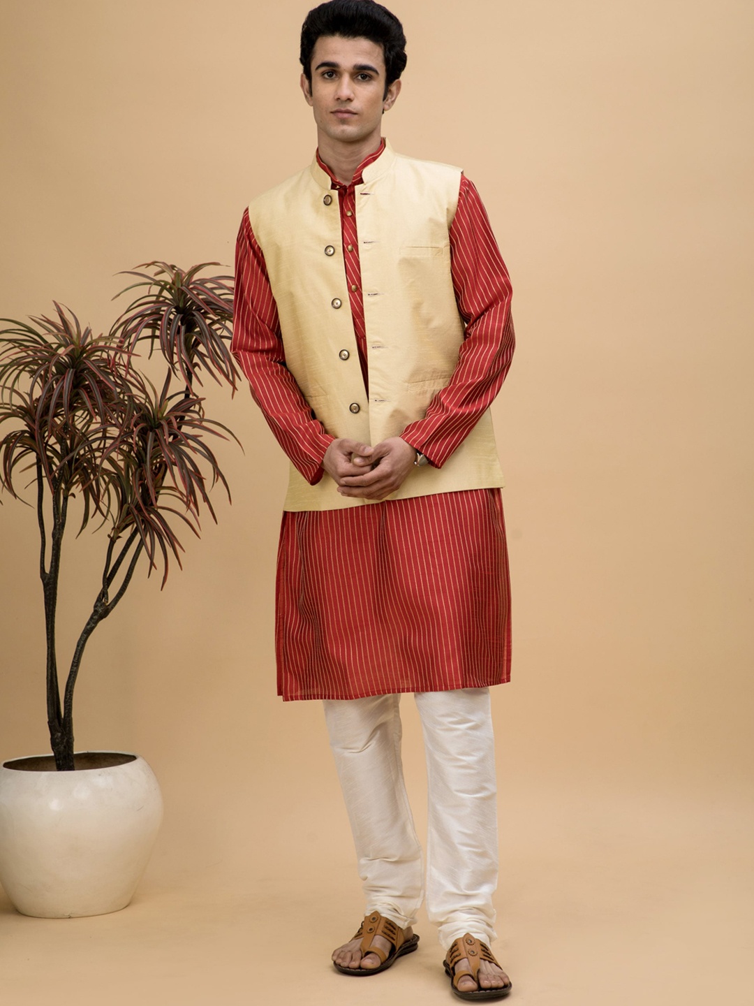 

NEUDIS Striped Dupion Silk Straight Kurta with Churidar & Nehru Jacket, Red
