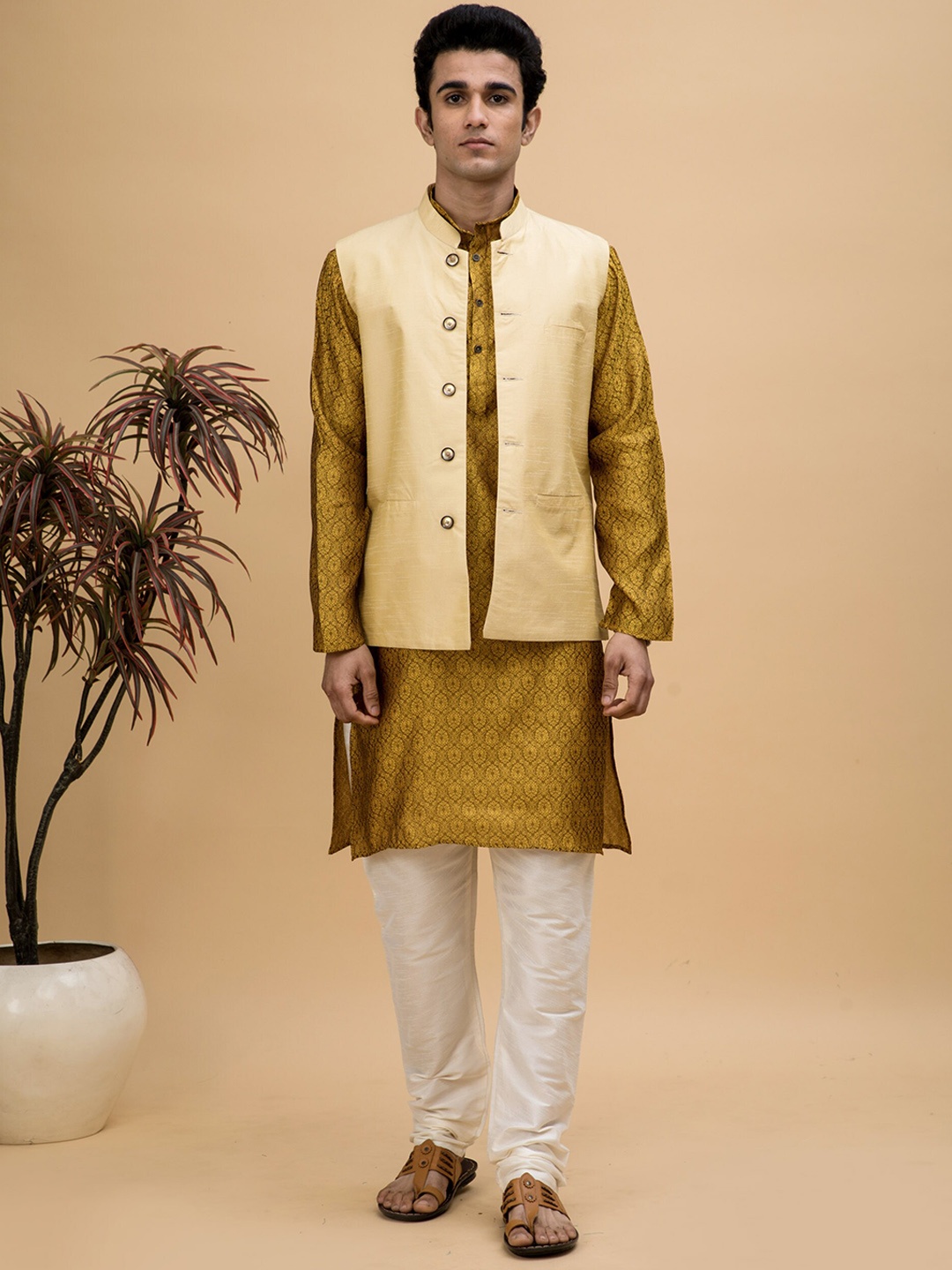 

NEUDIS Ethnic Motifs Woven Design Dupion Silk Kurta With Churidar & Nehru Jacket, Mustard