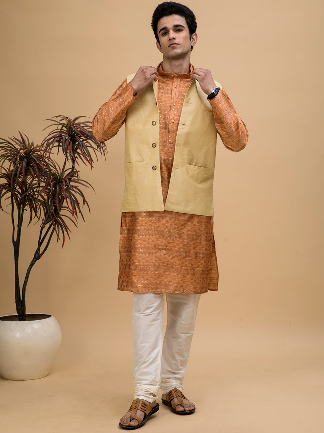 

NEUDIS Ethnic Motifs Woven Design Mandarin Collar Kurta with Churidar & Nehru Jacket, Orange