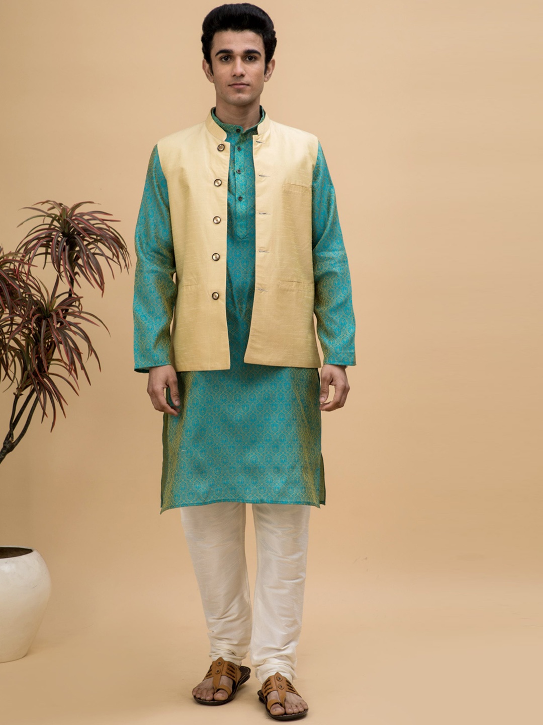 

NEUDIS Ethnic Motifs Woven Design Dupion Silk Straight Kurta with Churidar & Nehru Jacket, Teal