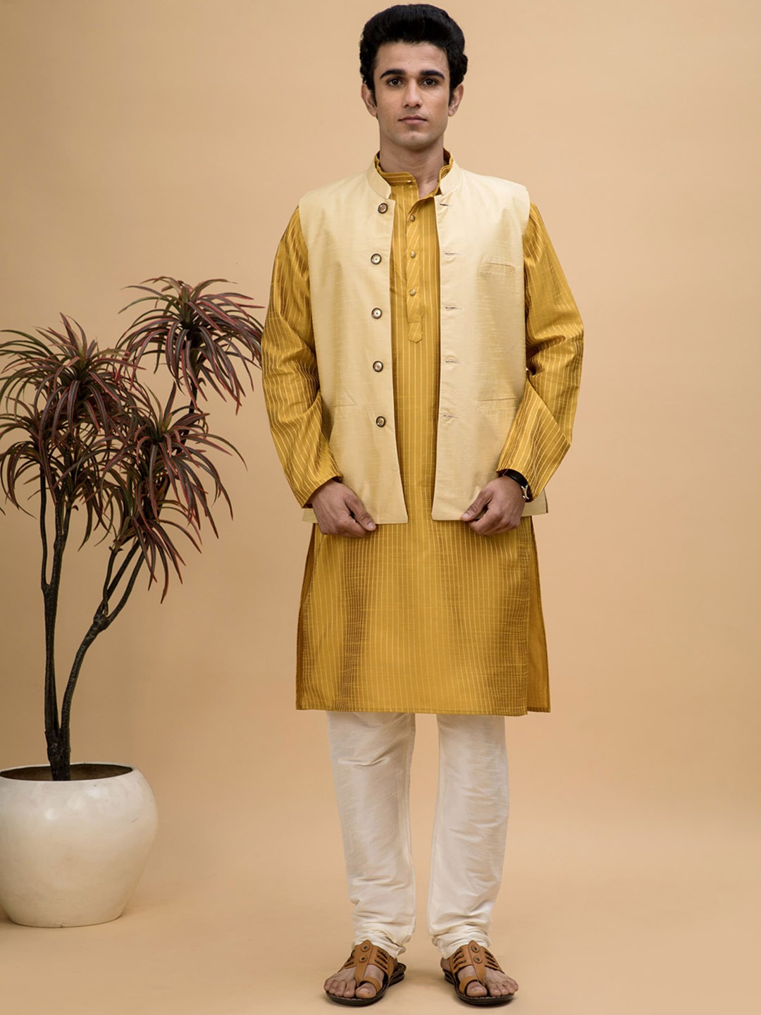 

NEUDIS Dobby Striped Dupion Silk Straight Kurta with Churidar & Nehru Jacket, Mustard