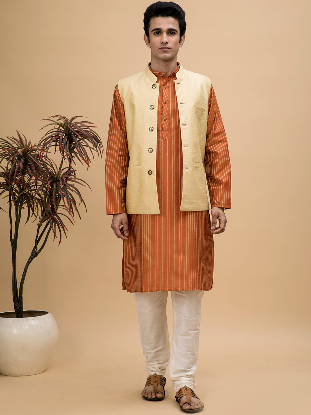 

NEUDIS Striped Dupion Silk Kurta With Churidar, Orange