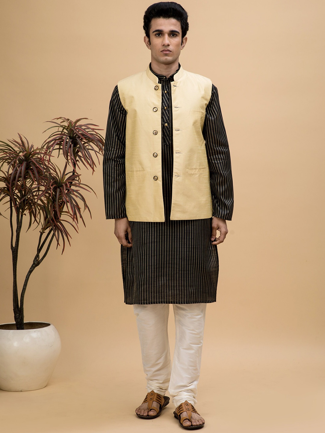 

NEUDIS Dobby Striped Dupion Silk Straight Kurta with Churidar & Nehru Jacket, Black