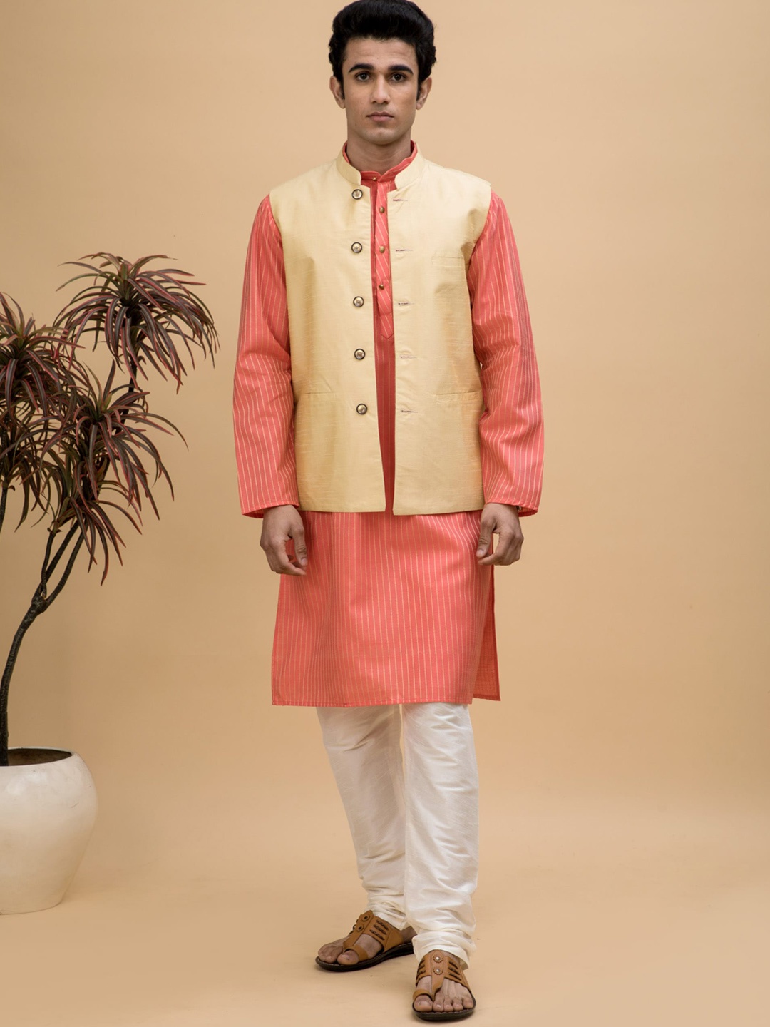 

NEUDIS Striped Straight Dupion Silk Kurta with Churidar & Nehru Jacket, Peach