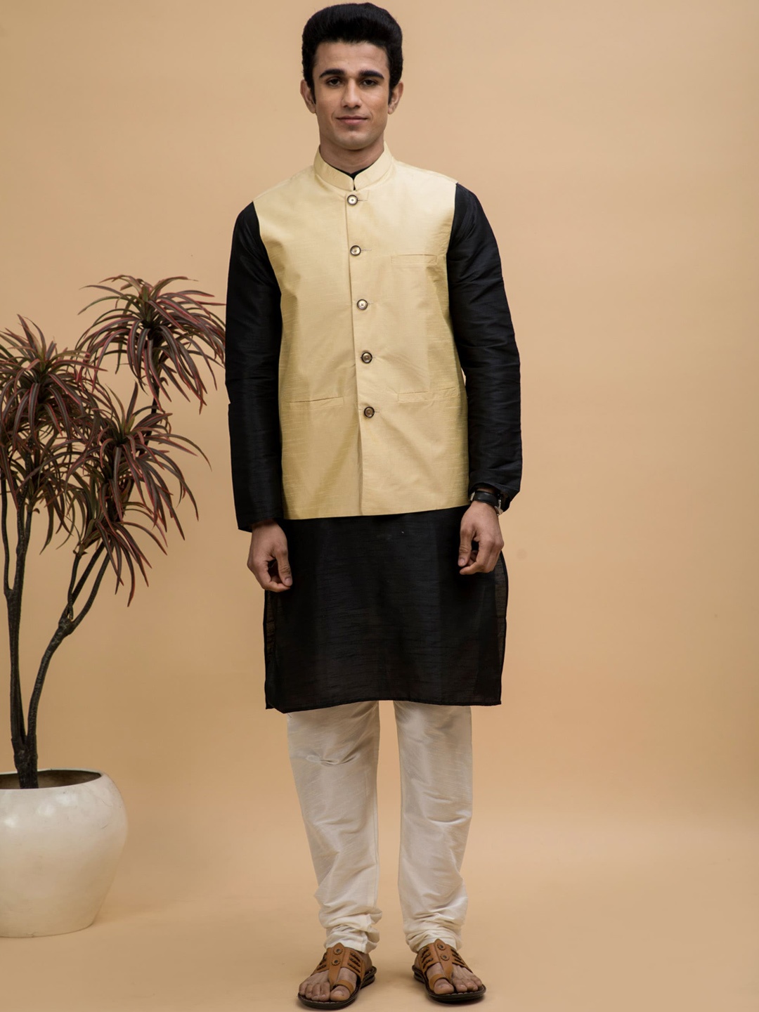 

NEUDIS Dupion Silk Straight Kurta with Churidar & Nehru Jacket, Black