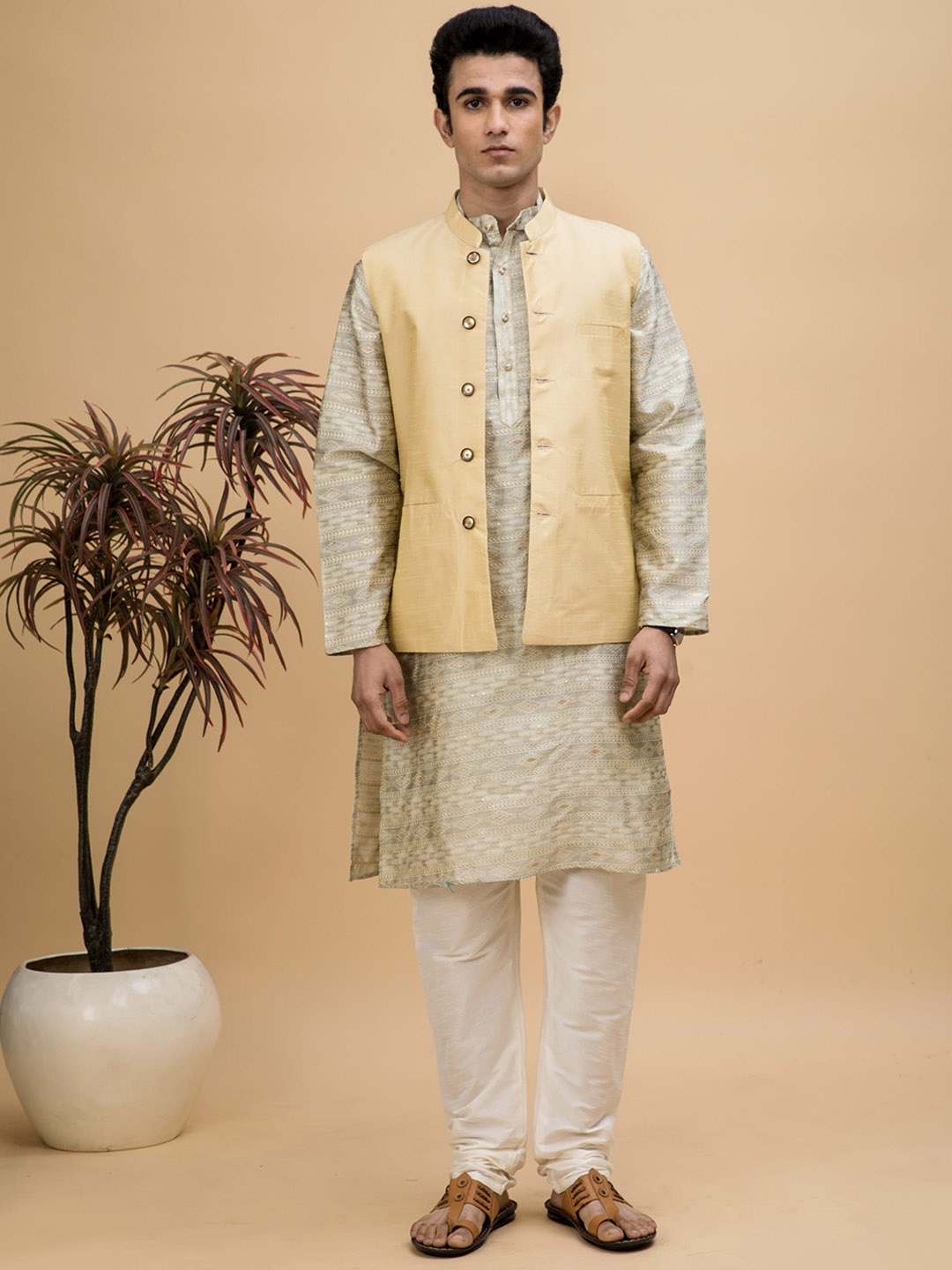 

NEUDIS Ethnic Motifs Woven Design Dupion Silk Kurta with Churidar & Nehru Jacket, Grey