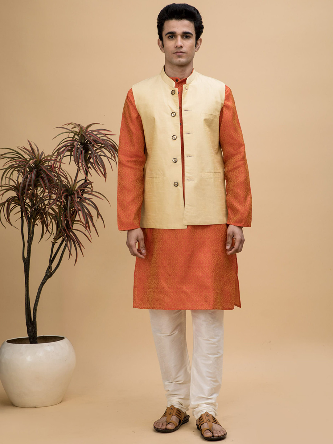

NEUDIS Ethnic Motifs Woven Design Mandarin Collar Kurta with Churidar & Nehru Jacket, Orange
