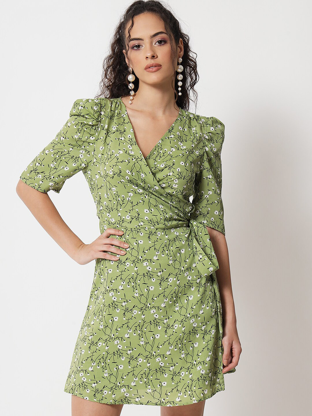 

Trend Arrest Floral Printed Puff Sleeves Wrap Dress, Green