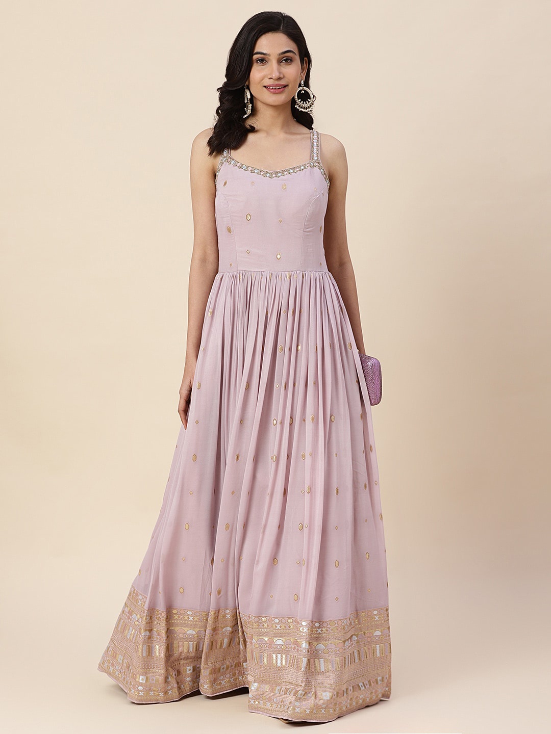 

Meena Bazaar Pink Ethnic Motifs Georgette Maxi Dress