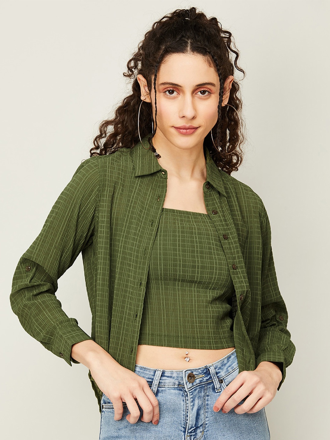

Ginger by Lifestyle Women Green Micro Checks Checked Casual Shirt