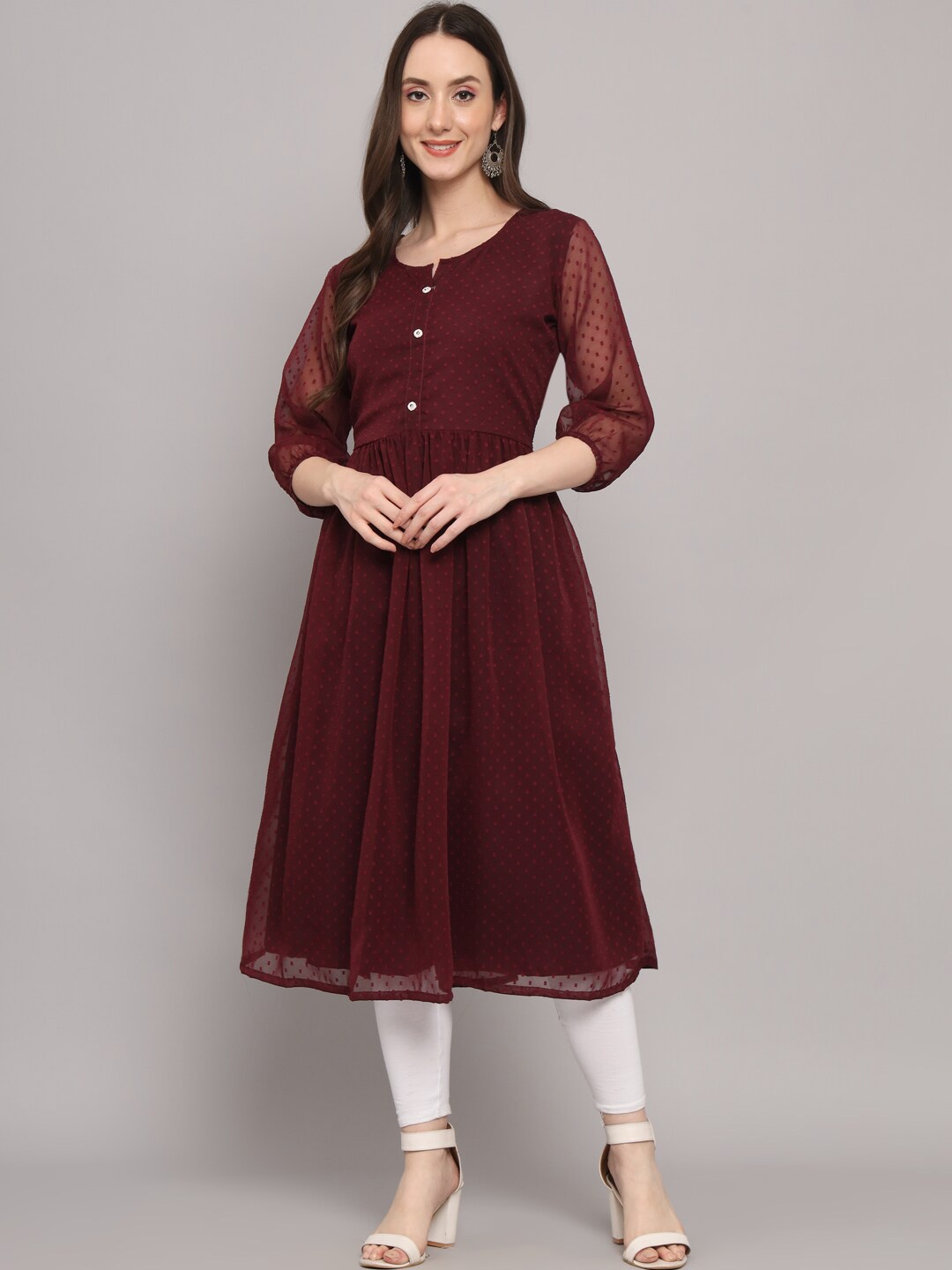 

HERE&NOW Abstract Self Design Thread Work Georgette Anarkali Kurta, Maroon