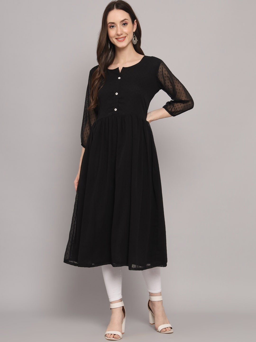 

HERE&NOW Woven Design Round Neck Georgette Kurta, Black