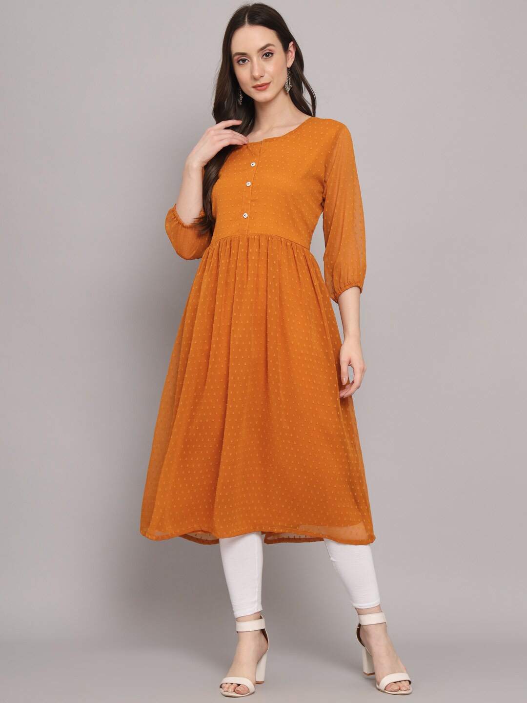 

HERE&NOW Woven Design Round Neck Georgette Kurta, Orange