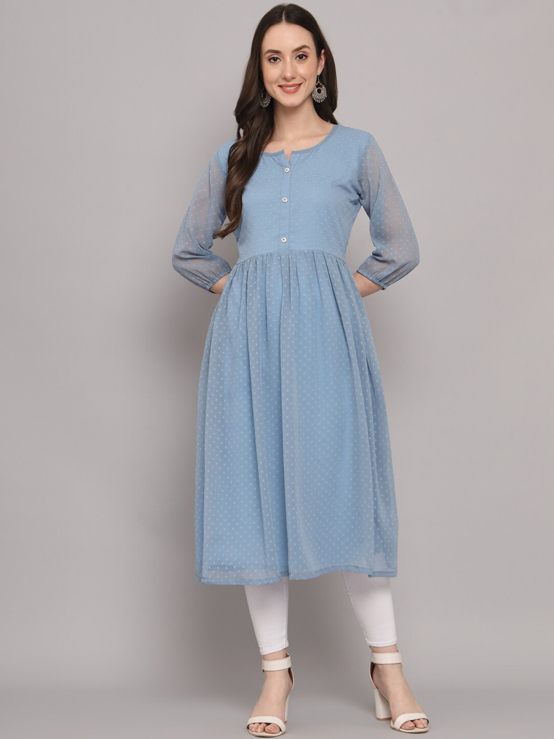 

HERE&NOW Woven Design Round Neck Georgette Kurta, Grey